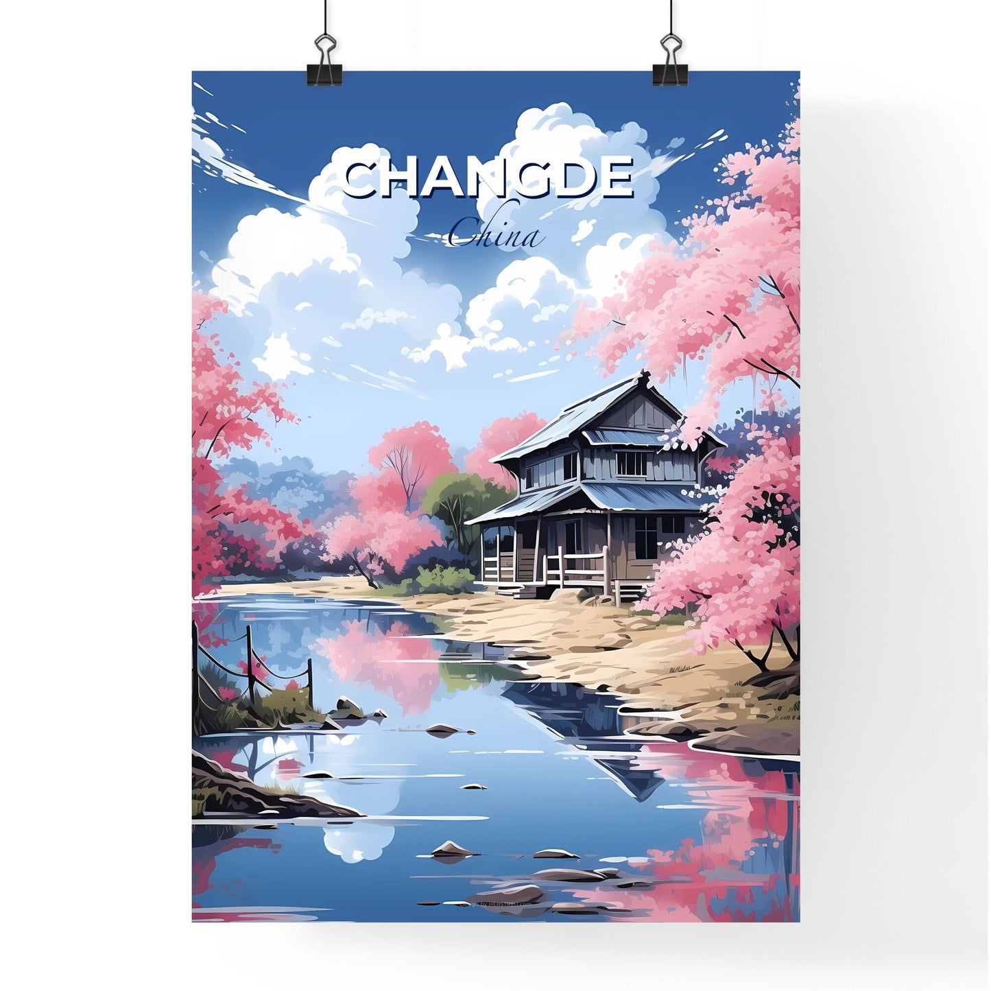 Changde, China cityscape art house by the river surrounded by pink flowers Default Title