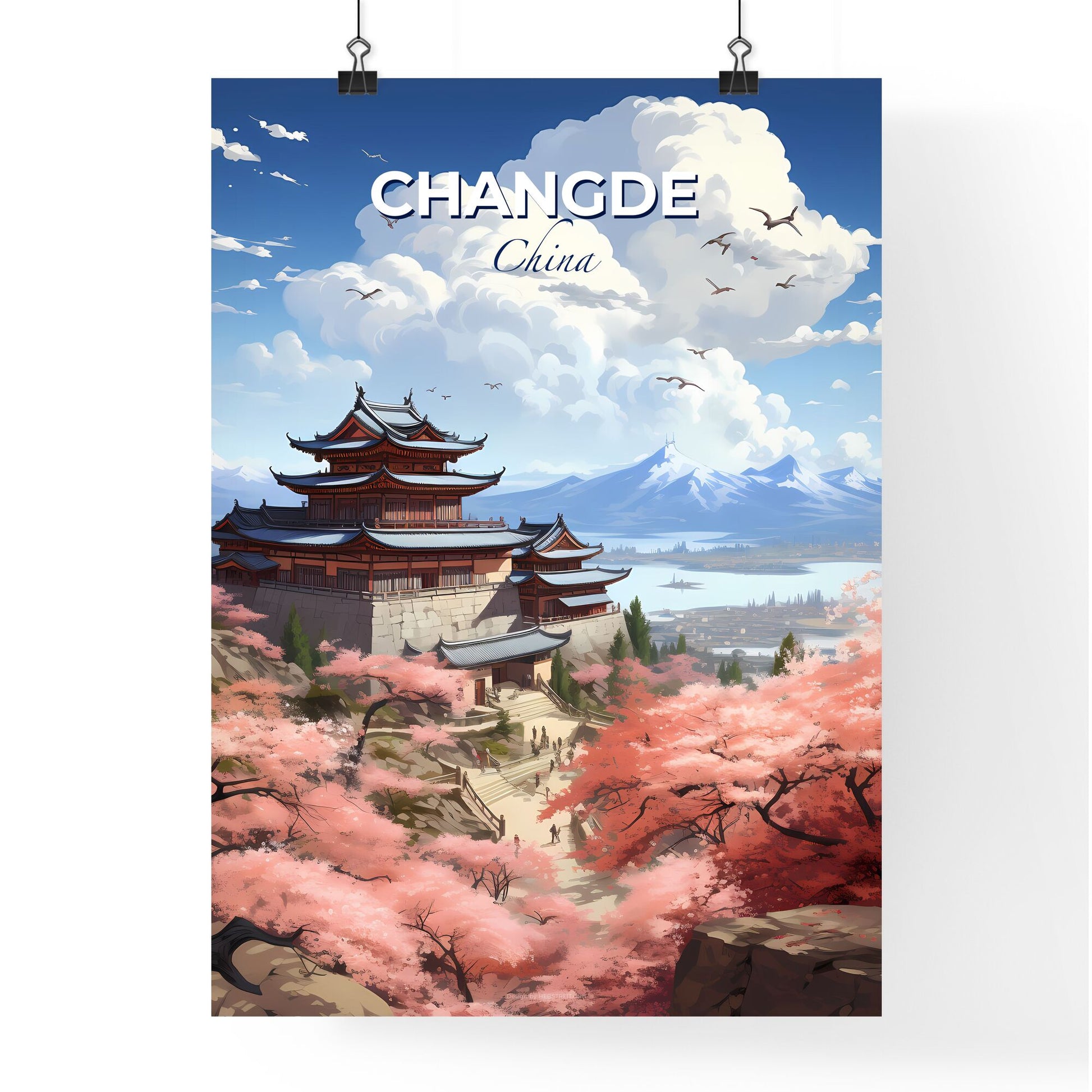 Vibrant Chinese Art City Scene Pagoda Building Mountains Pink Flower Trees Default Title