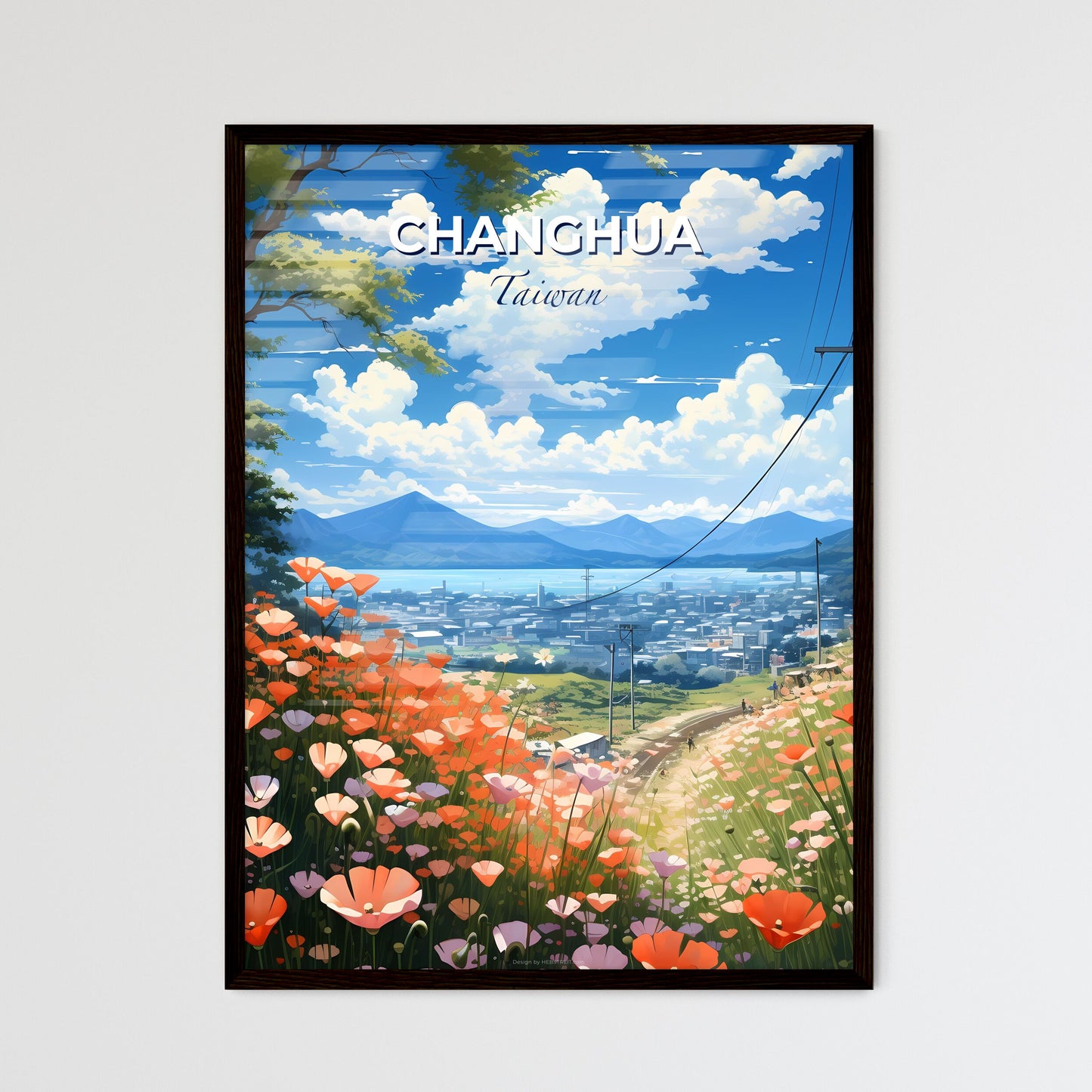 Cityscape Artwork: Vibrant Roadside Flowers with Changhua Taiwan Skyline Default Title