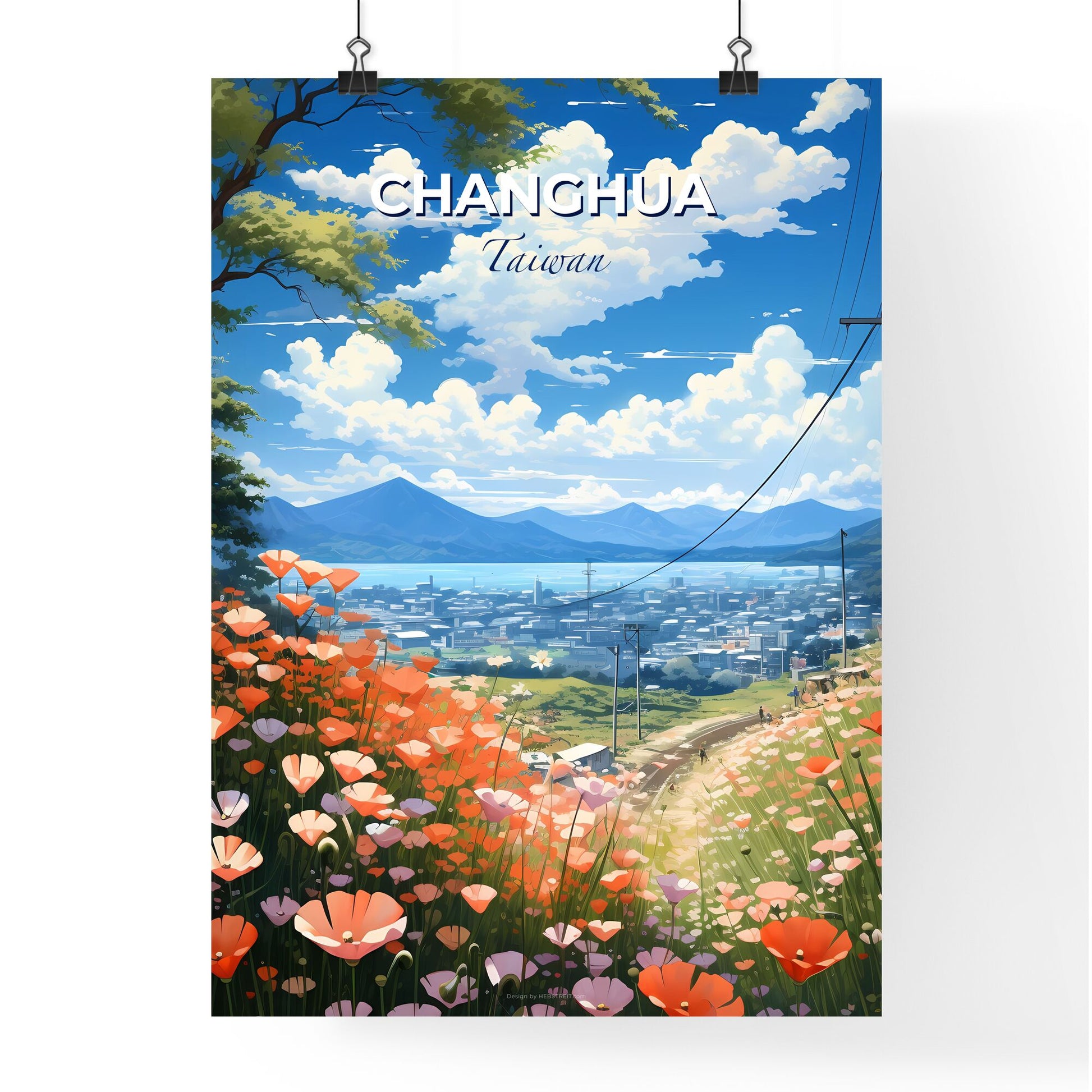 Cityscape Artwork: Vibrant Roadside Flowers with Changhua Taiwan Skyline Default Title