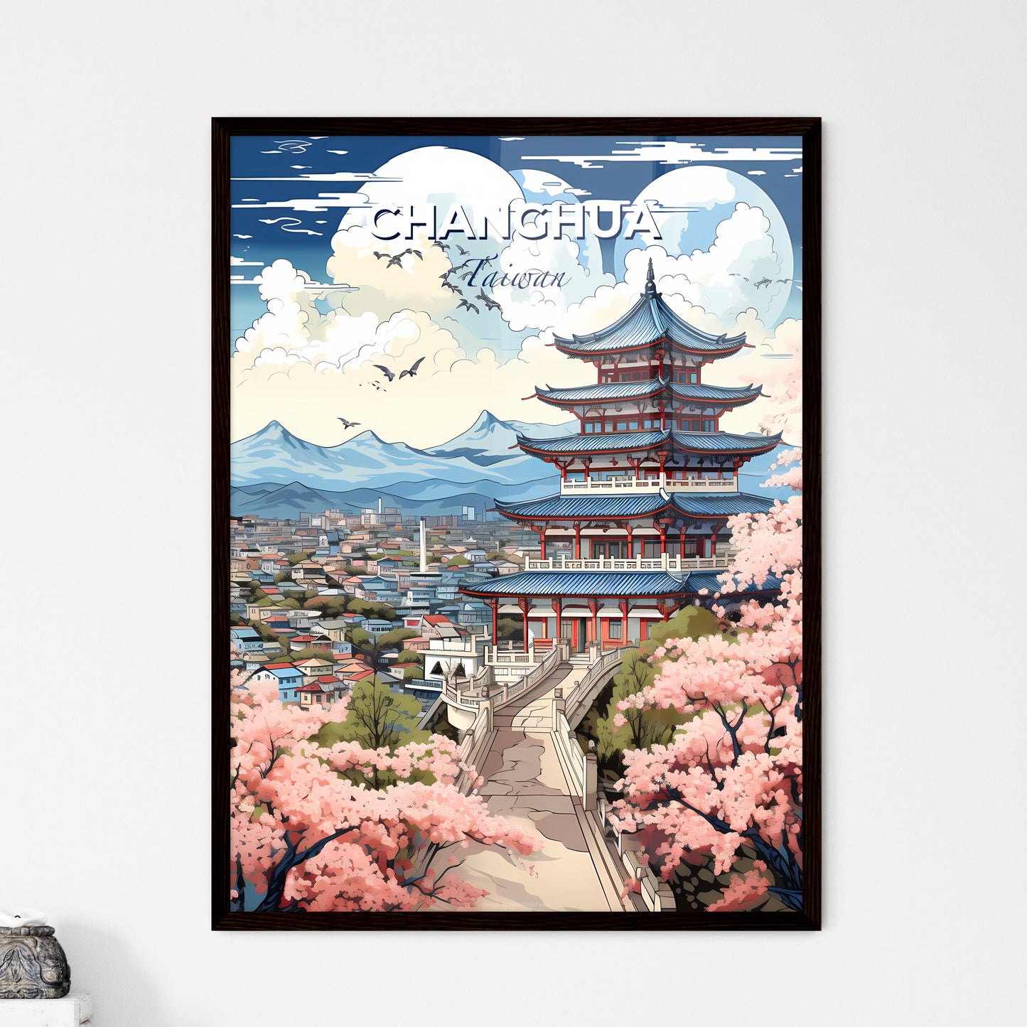 Vibrant Artistic Pagoda Skyline Changhua Taiwan Cherry Blossoms Default Title