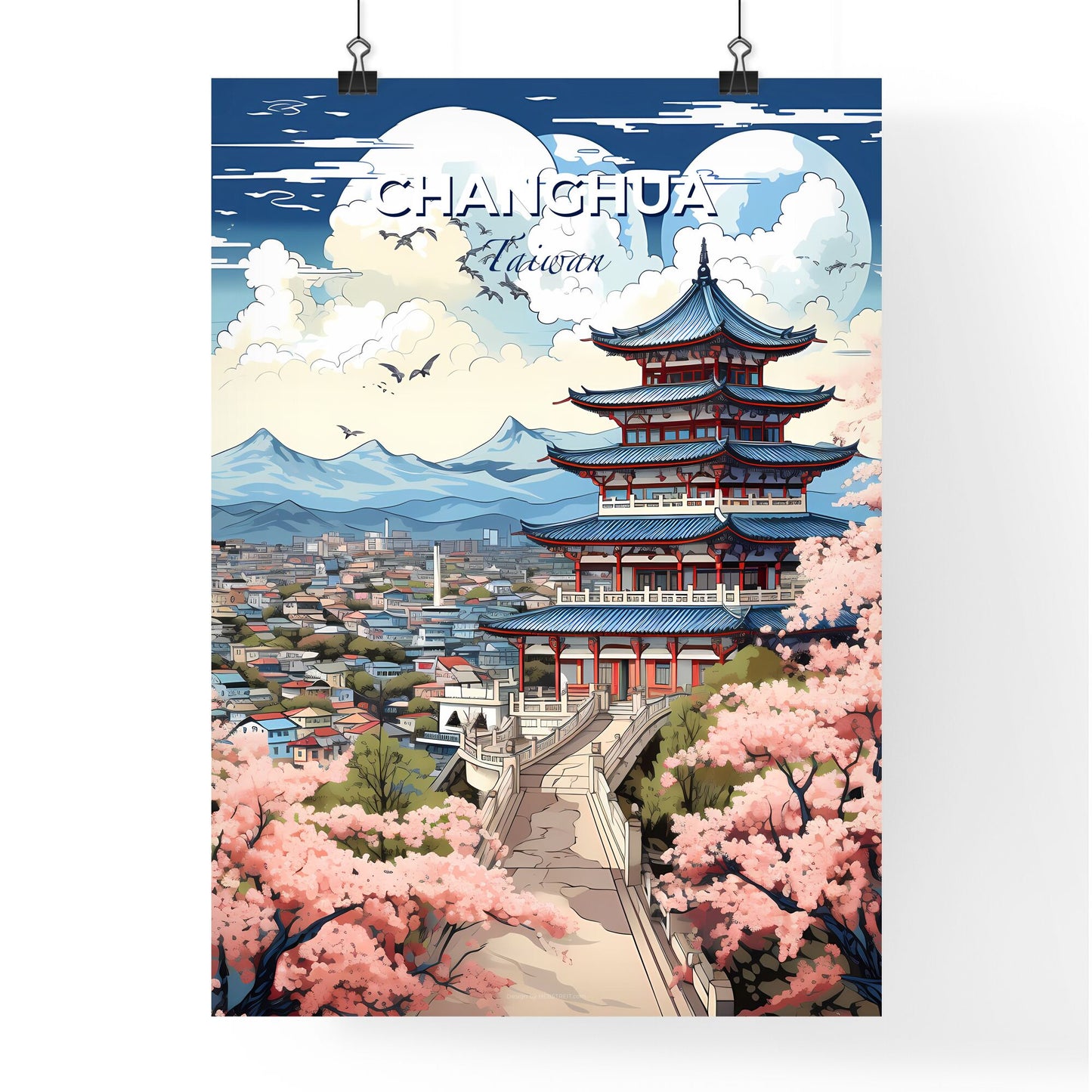 Vibrant Artistic Pagoda Skyline Changhua Taiwan Cherry Blossoms Default Title