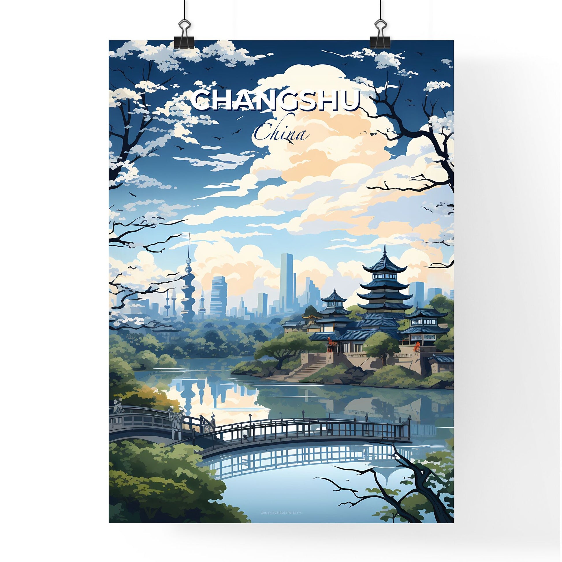 Changshu City Skyline - River Bridge in Vibrant Painting Art Style with Trees and Buildings Default Title