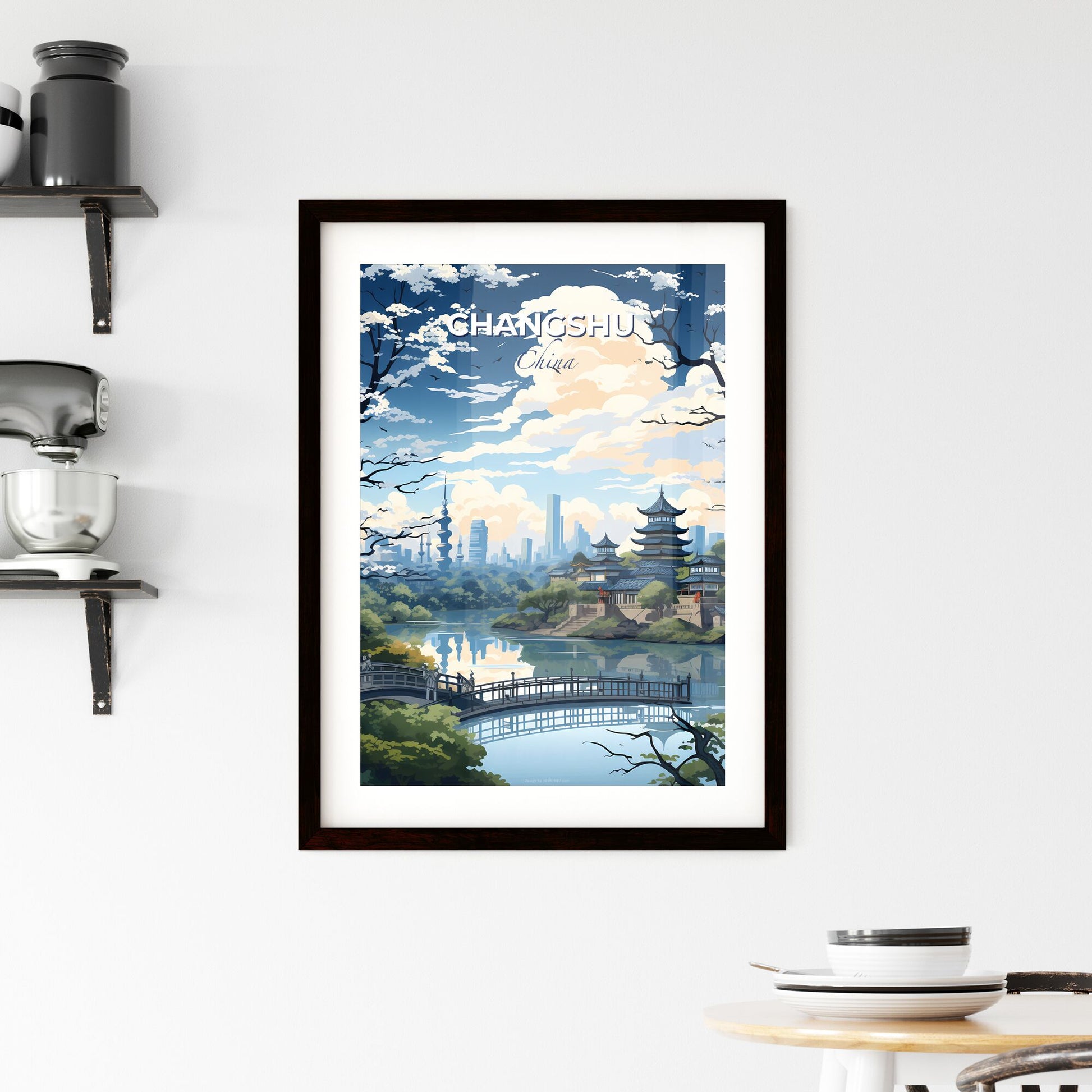 Changshu City Skyline - River Bridge in Vibrant Painting Art Style with Trees and Buildings Default Title