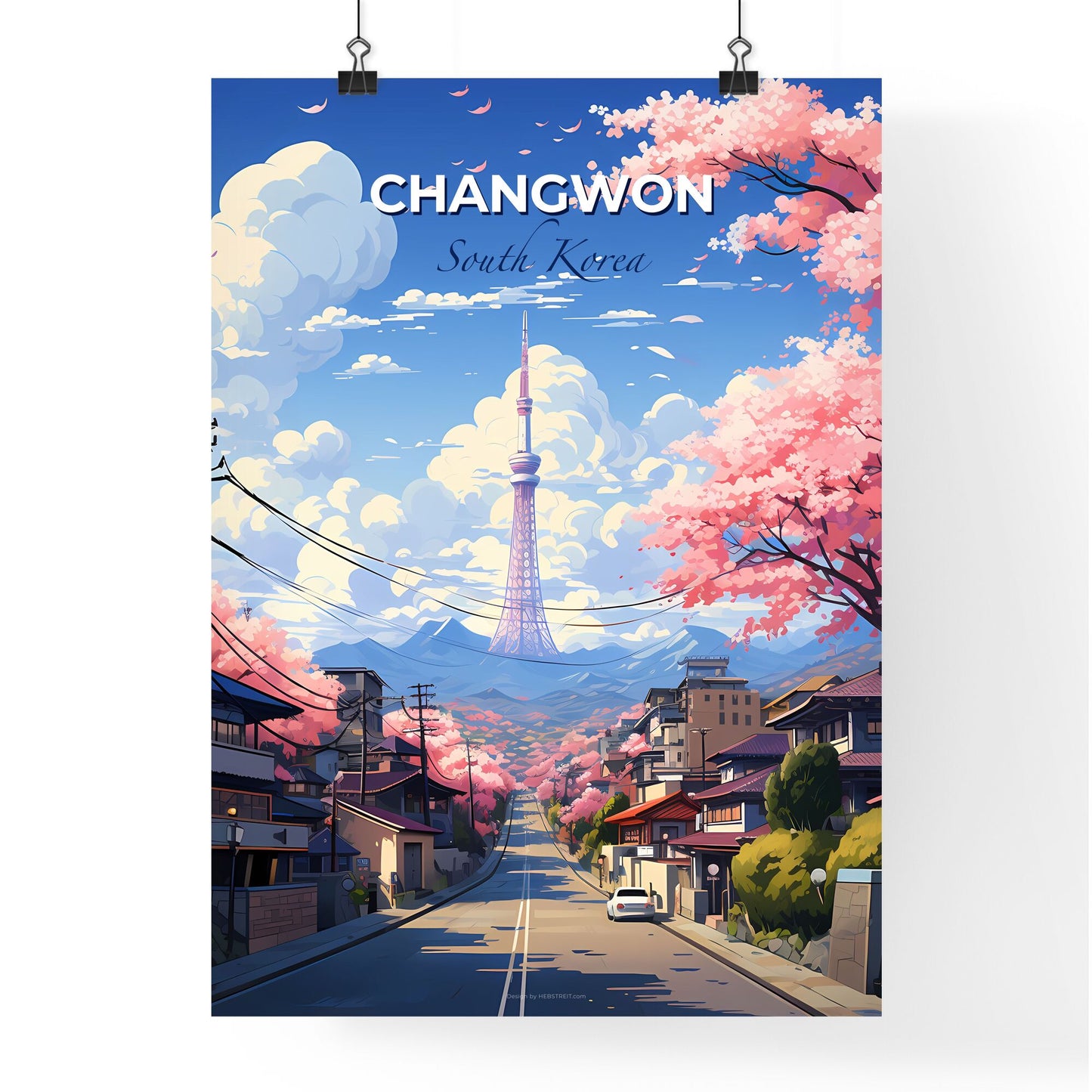 Changwon South Korea City Skyline Vibrant Painting with Cherry Blossoms and Tower Default Title