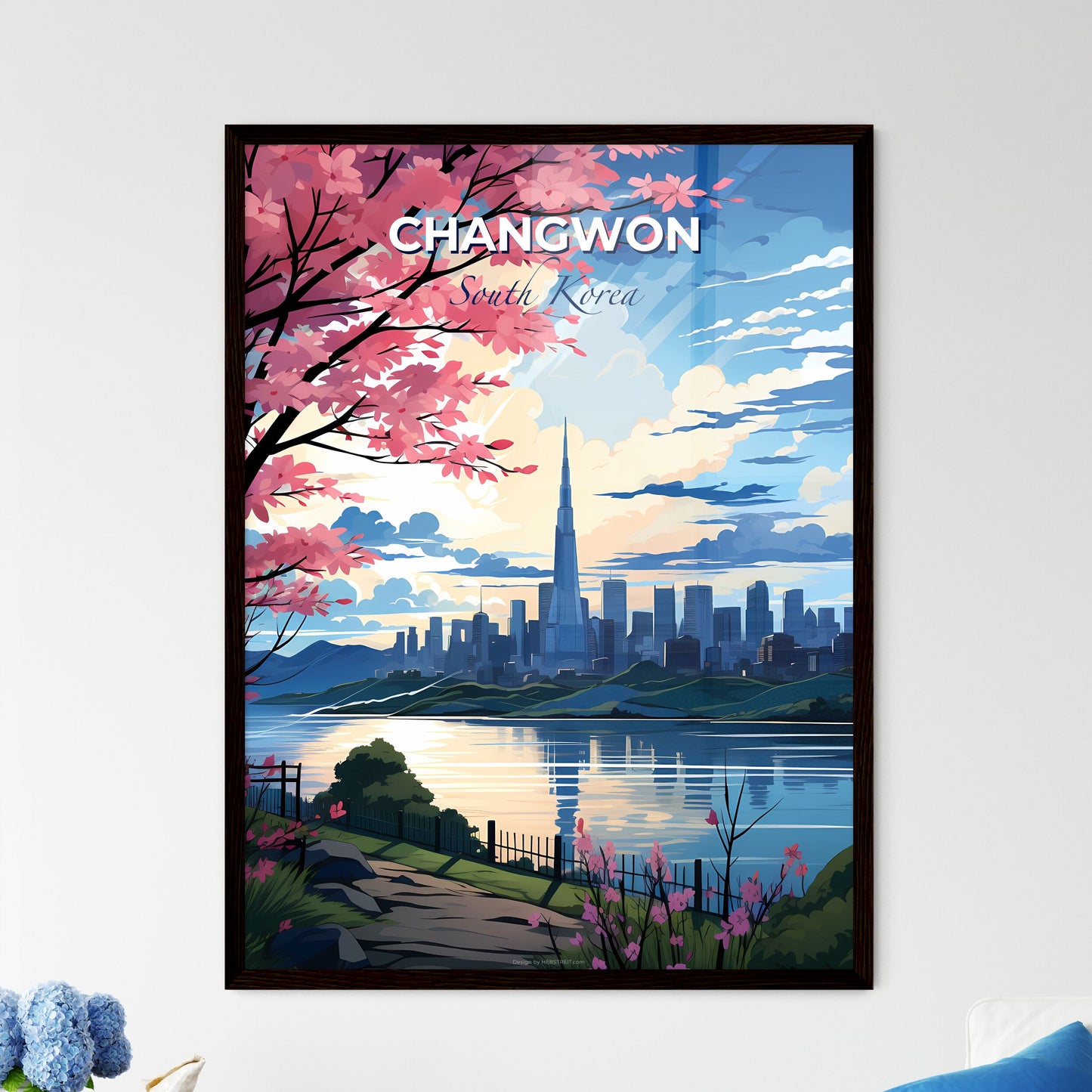 Seoul South Korea modern city skyline with pink cherry blossoms overlooking water front Default Title