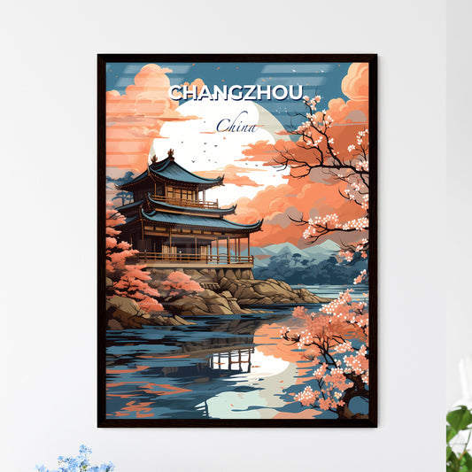 Vibrant Painting of Changzhou China Skyline Featuring a Pagoda on a Hill over a Body of Water Default Title