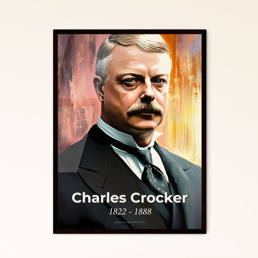 Portrait of Charles Crocker, 1822 - 1888. Impressionistic painting of a man with a mustache wearing a suit and tie.