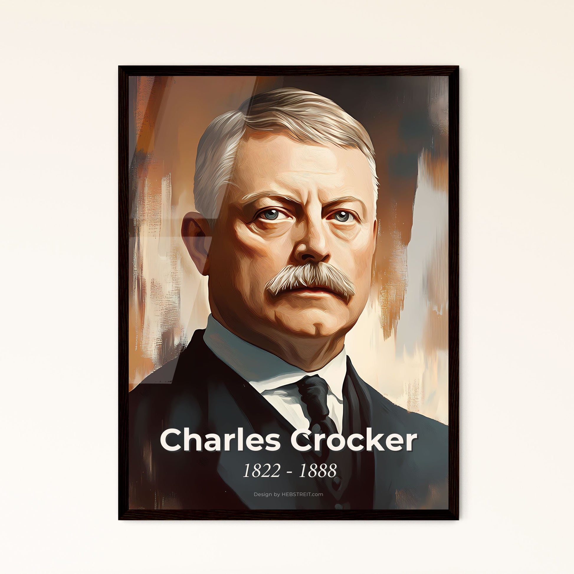 Portrait of Charles Crocker, 1822 - 1888. Impressionistic painting of a man with a mustache.