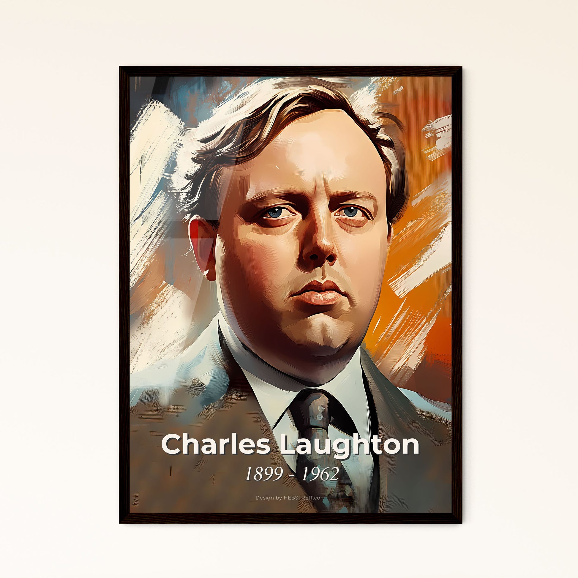 Portrait of Charles Laughton, 1899 - 1962. Impressionistic painting of a man in a suit and tie.