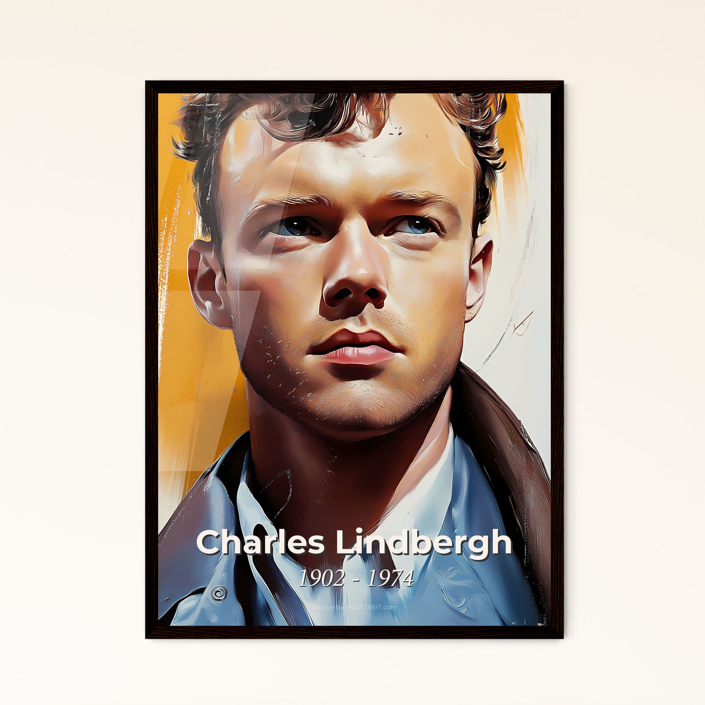 Portrait of Charles Lindbergh, 1902 - 1974. Impressionistic painting of a man looking up with a serious expression.