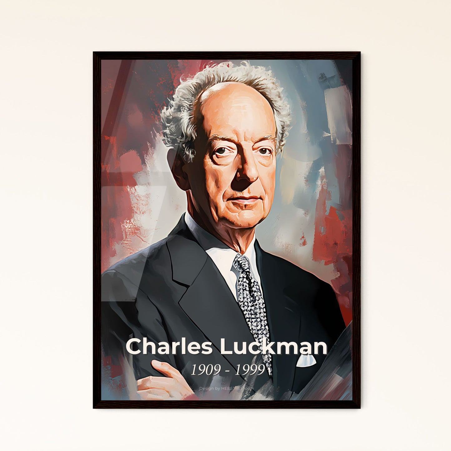 Portrait of Charles Luckman, 1909 - 1999. Impressionistic painting of a man in a suit and tie.