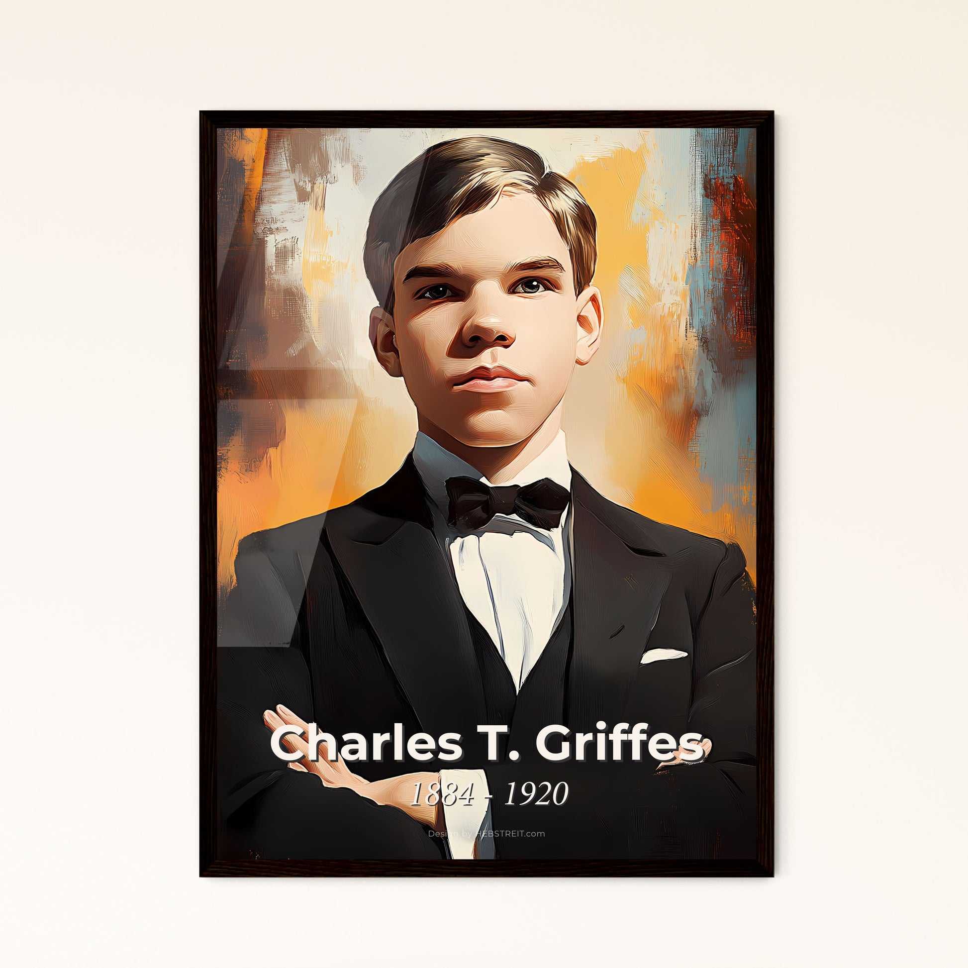 Portrait of Charles T. Griffes, 1884 - 1920. Impressionistic painting of a boy in a tuxedo with his arms crossed.