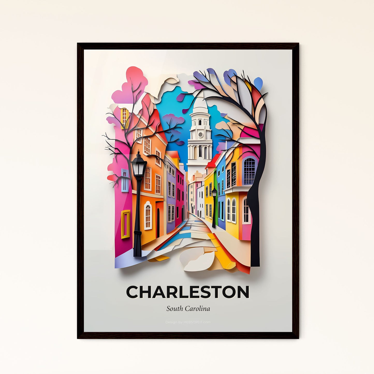 Vivid Charleston, South Carolina - a paper cut of a city street with a clock tower