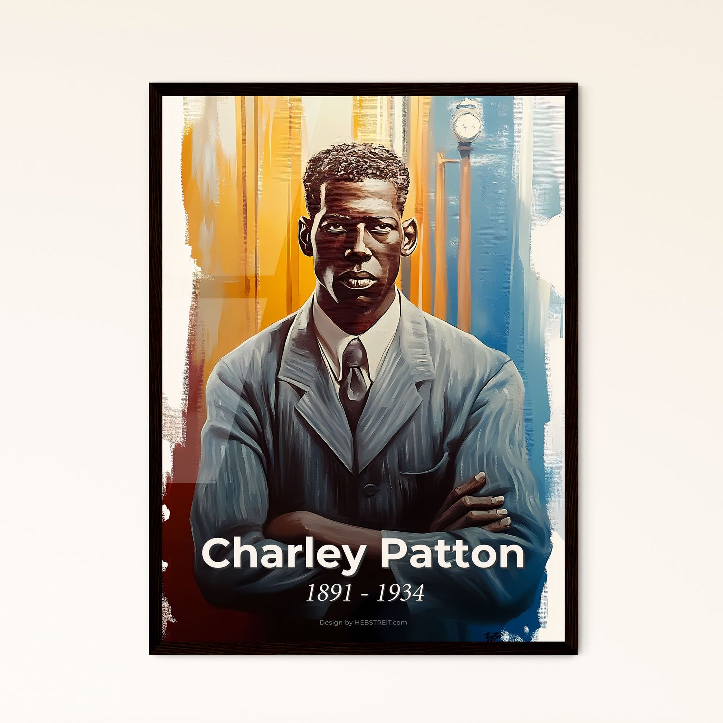 Portrait of Charley Patton, 1891 - 1934. Impressionistic painting of a man in a suit with his arms crossed.