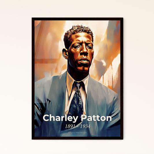 Portrait of Charley Patton, 1891 - 1934. Impressionistic painting of a man in a suit and tie.