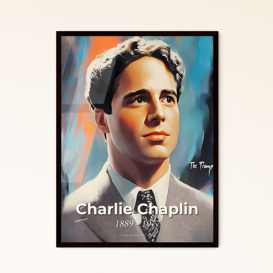 Portrait of Charlie Chaplin, 1889 - 1977. Impressionistic painting of a man in a suit.