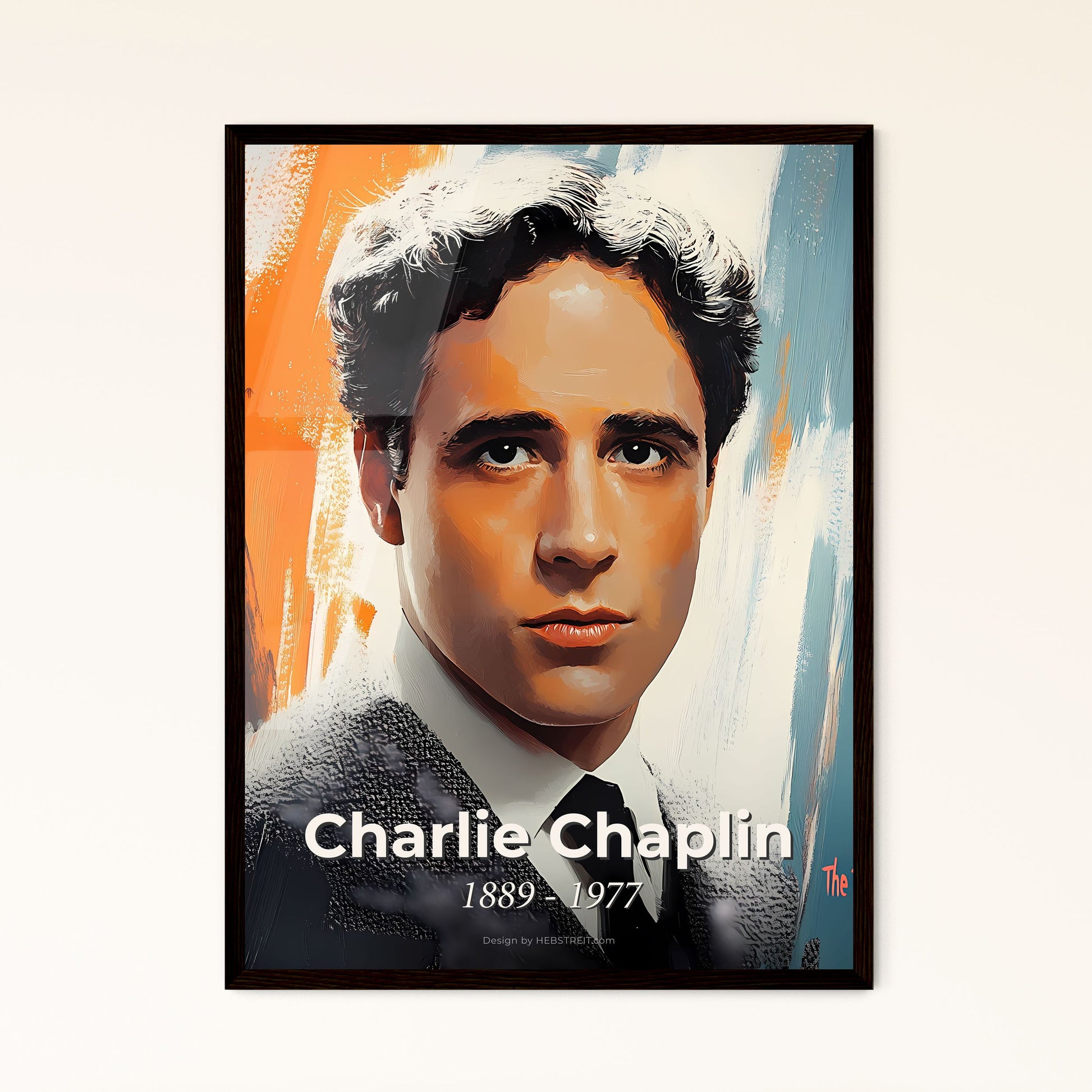 Portrait of Charlie Chaplin, 1889 - 1977. Impressionistic painting of a man in a suit and tie.