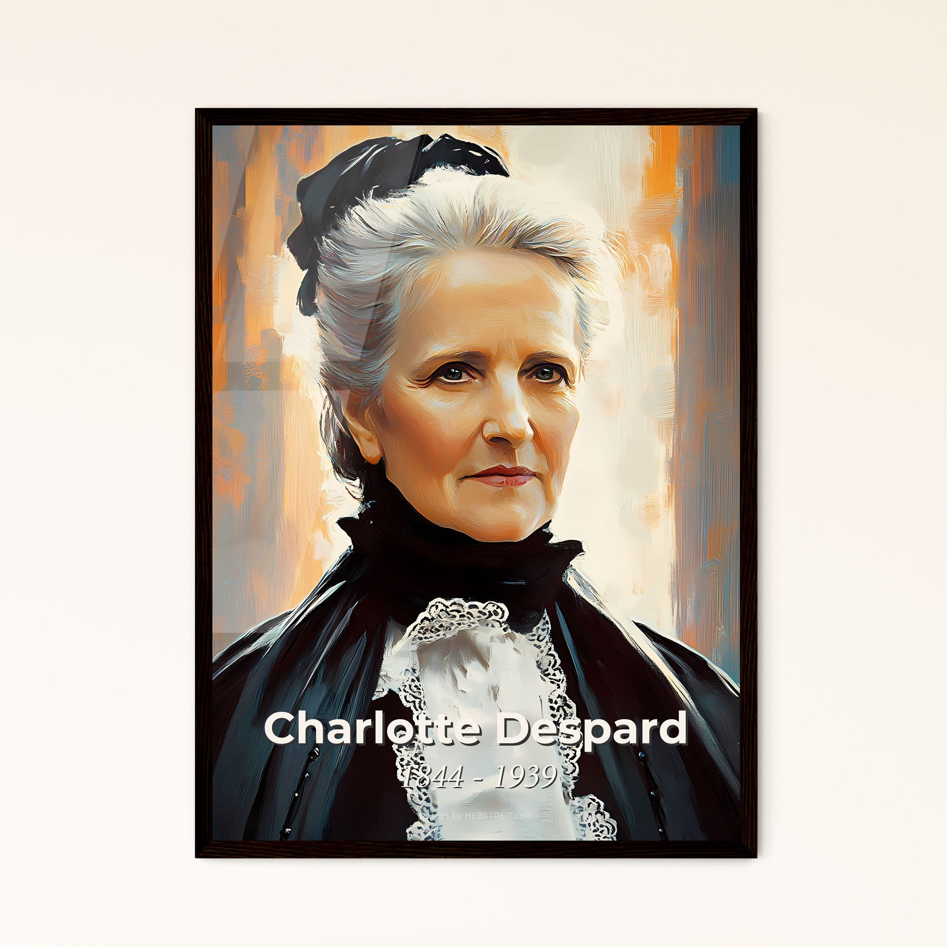 Portrait of Charlotte Despard, 1844 - 1939. Impressionistic painting of a woman in a black dress.