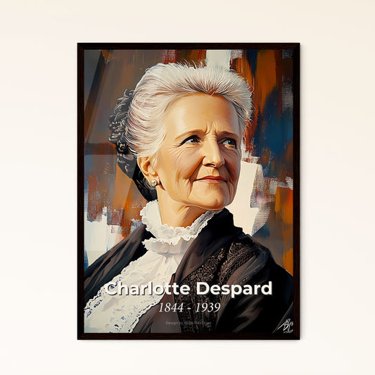 Portrait of Charlotte Despard, 1844 - 1939. Impressionistic painting of a woman in a black coat.