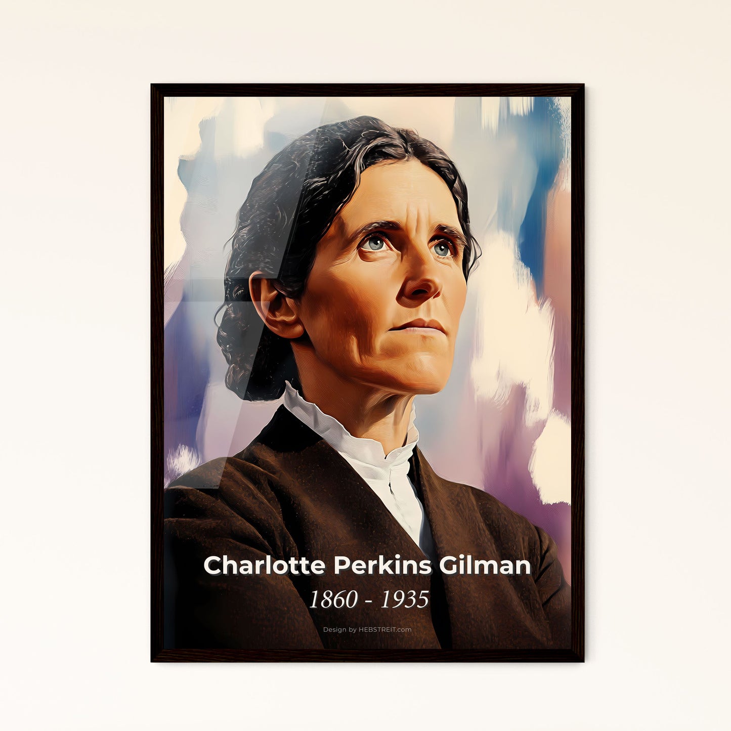 Portrait of Charlotte Perkins Gilman, 1860 - 1935. Impressionistic painting of a woman looking up with a serious expression.