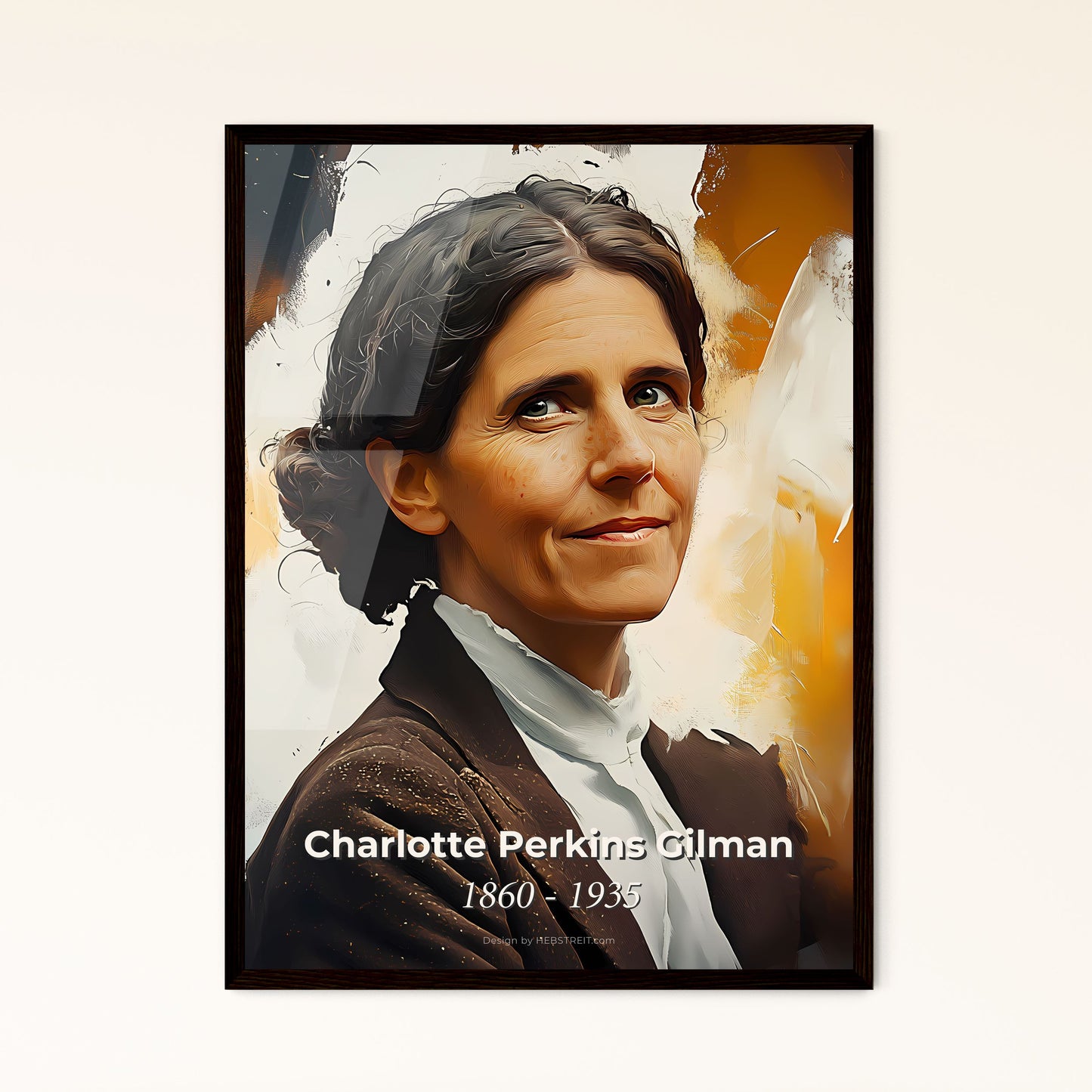 Portrait of Charlotte Perkins Gilman, 1860 - 1935. Impressionistic painting of a woman with her hands up.