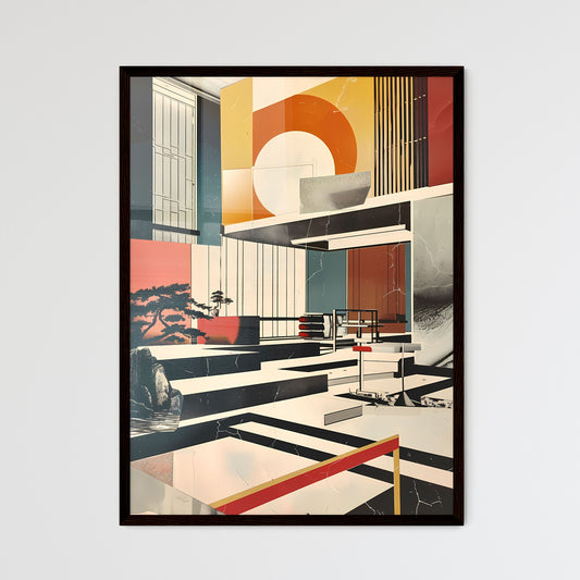 Art Deco Japanese Conceptual Collage Painting of Room With Staircase and Tree Framed Art