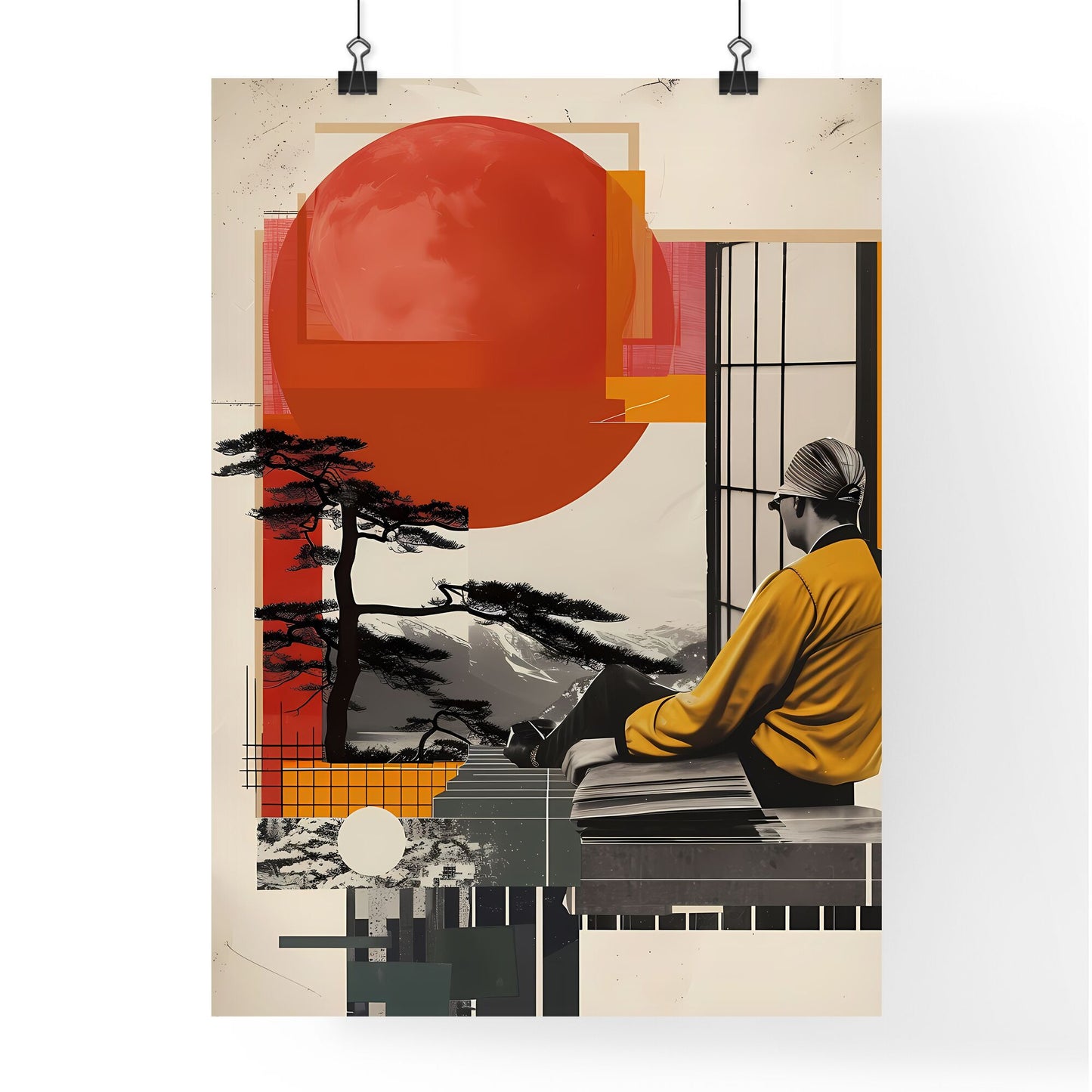 Art Deco Conceptual Collage: Japanese-Inspired Architecture, Window-Gazing Man, Vibrant Painting Default Title