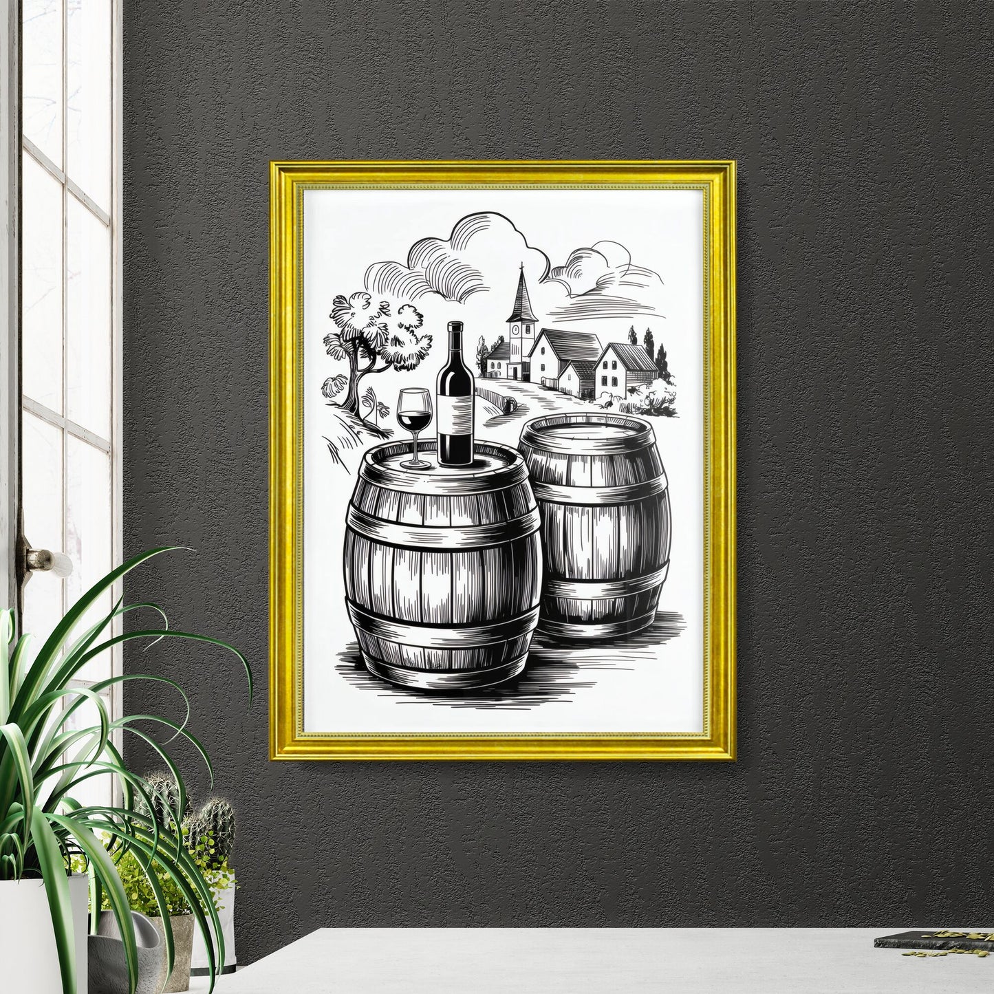 Charming countryside scene with wine barrels, a bottle, and glass set against a picturesque village backdrop.