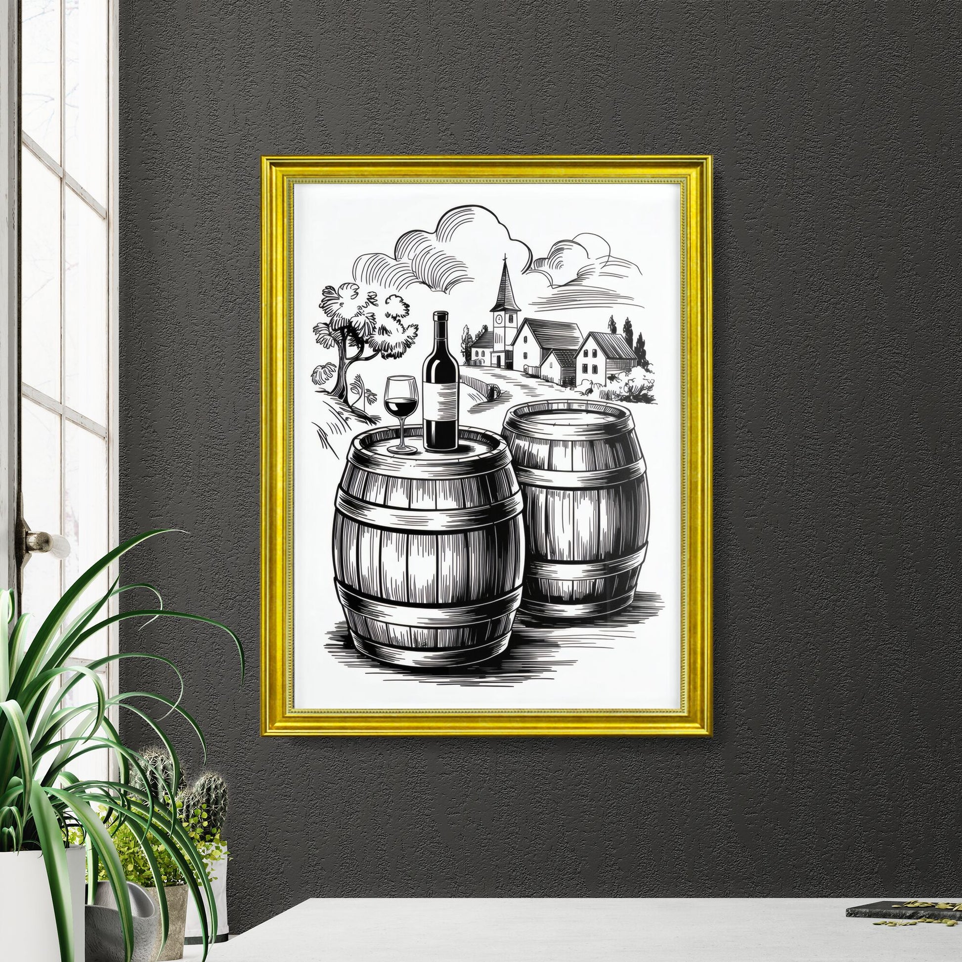 Charming countryside scene with wine barrels, a bottle, and glass set against a picturesque village backdrop.
