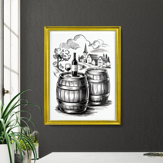 Charming countryside scene with wine barrels, a bottle, and glass set against a picturesque village backdrop.