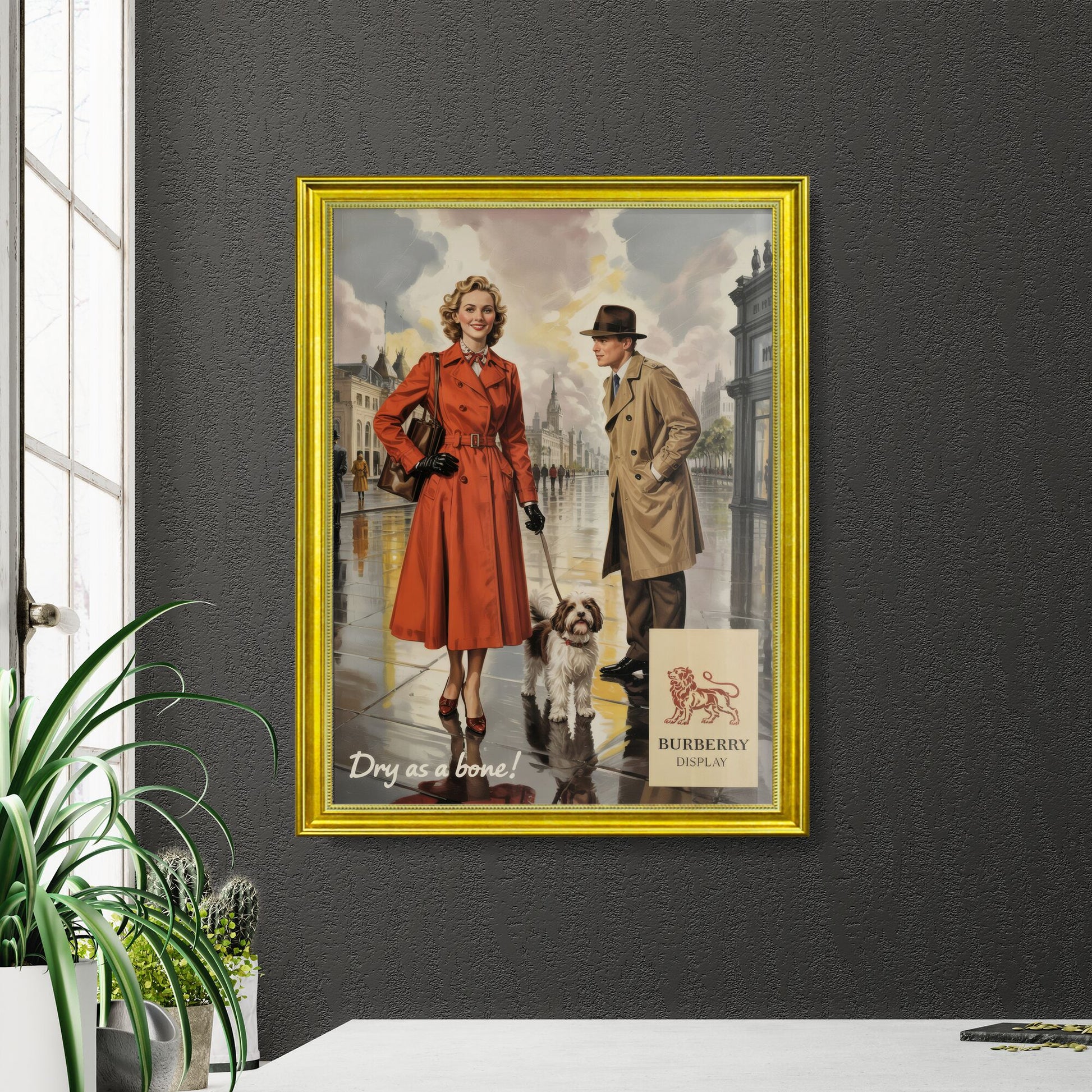 Charming Couple in Iconic Burberry Rainwear Enjoying a Stylish Walk with Their Dog on a Rainy Day.