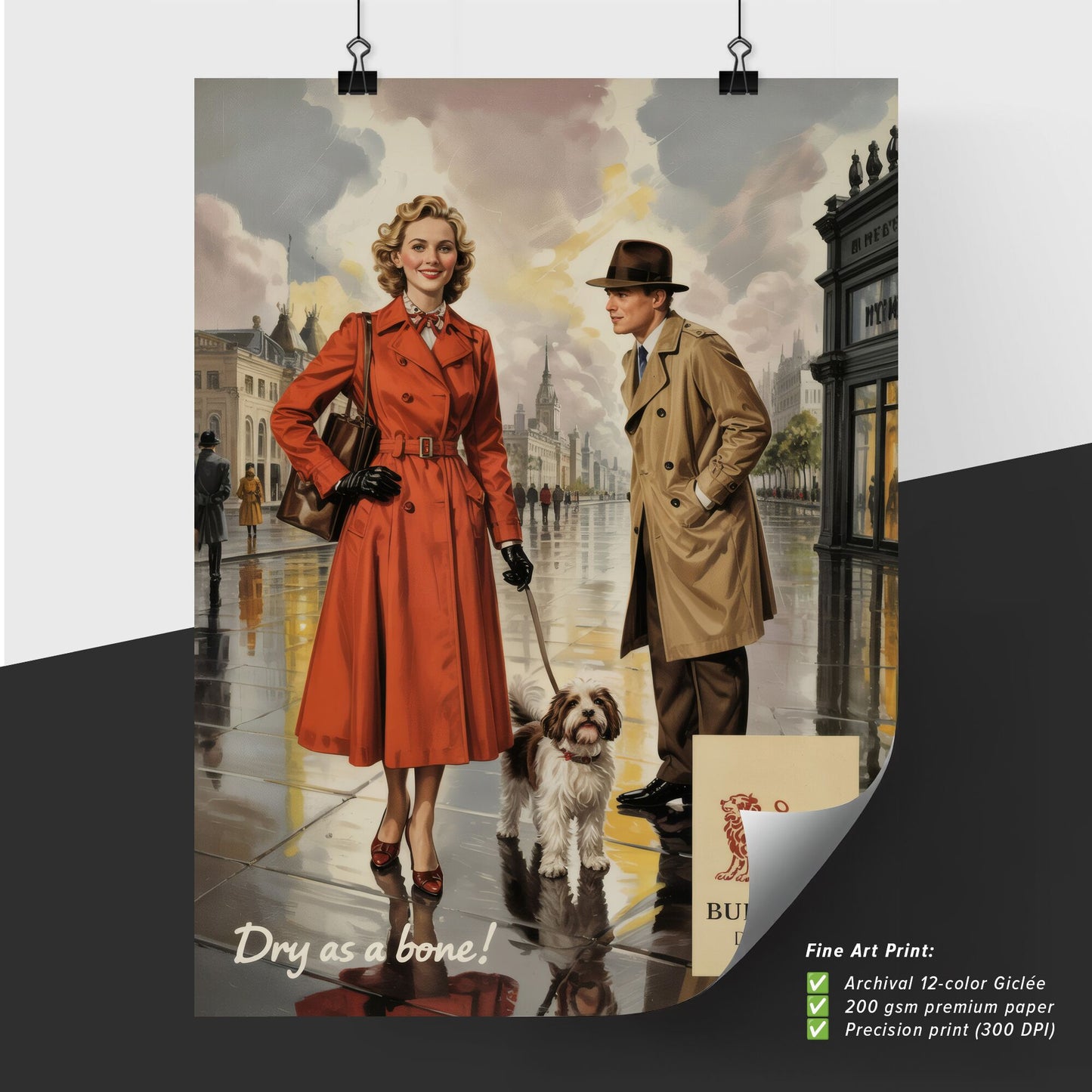 Charming Couple in Iconic Burberry Rainwear Enjoying a Stylish Walk with Their Dog on a Rainy Day.
