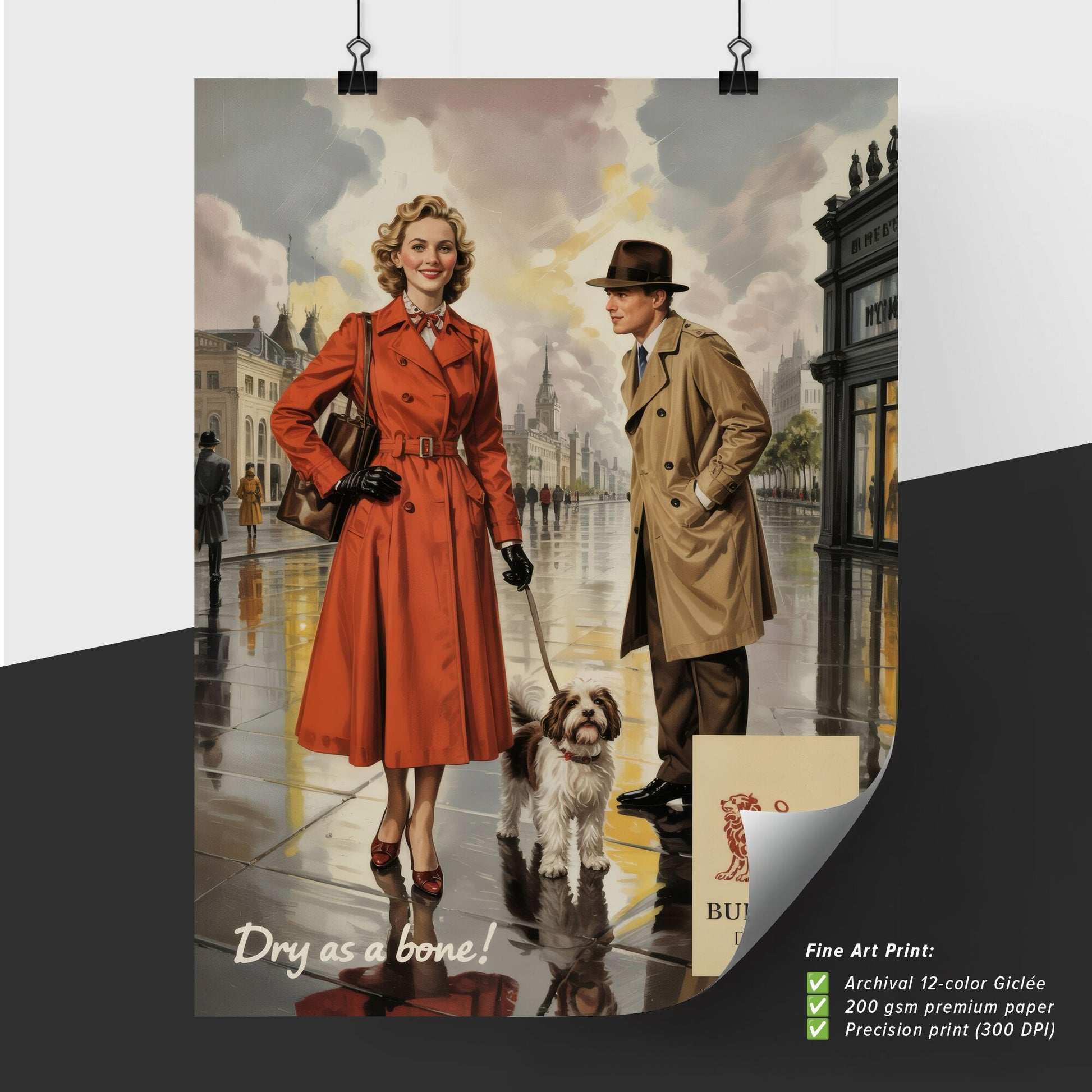 Charming Couple in Iconic Burberry Rainwear Enjoying a Stylish Walk with Their Dog on a Rainy Day.
