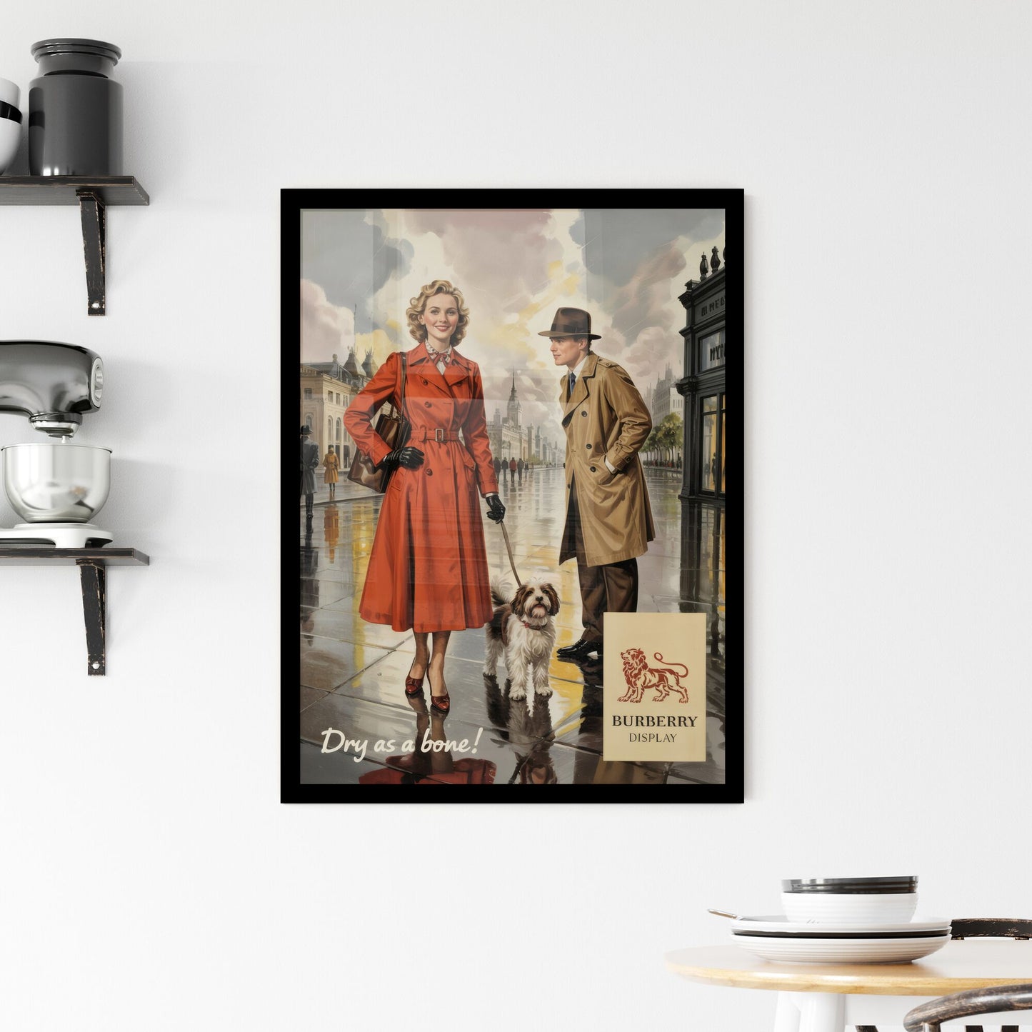 Charming Couple in Iconic Burberry Rainwear Enjoying a Stylish Walk with Their Dog on a Rainy Day. Framed Print