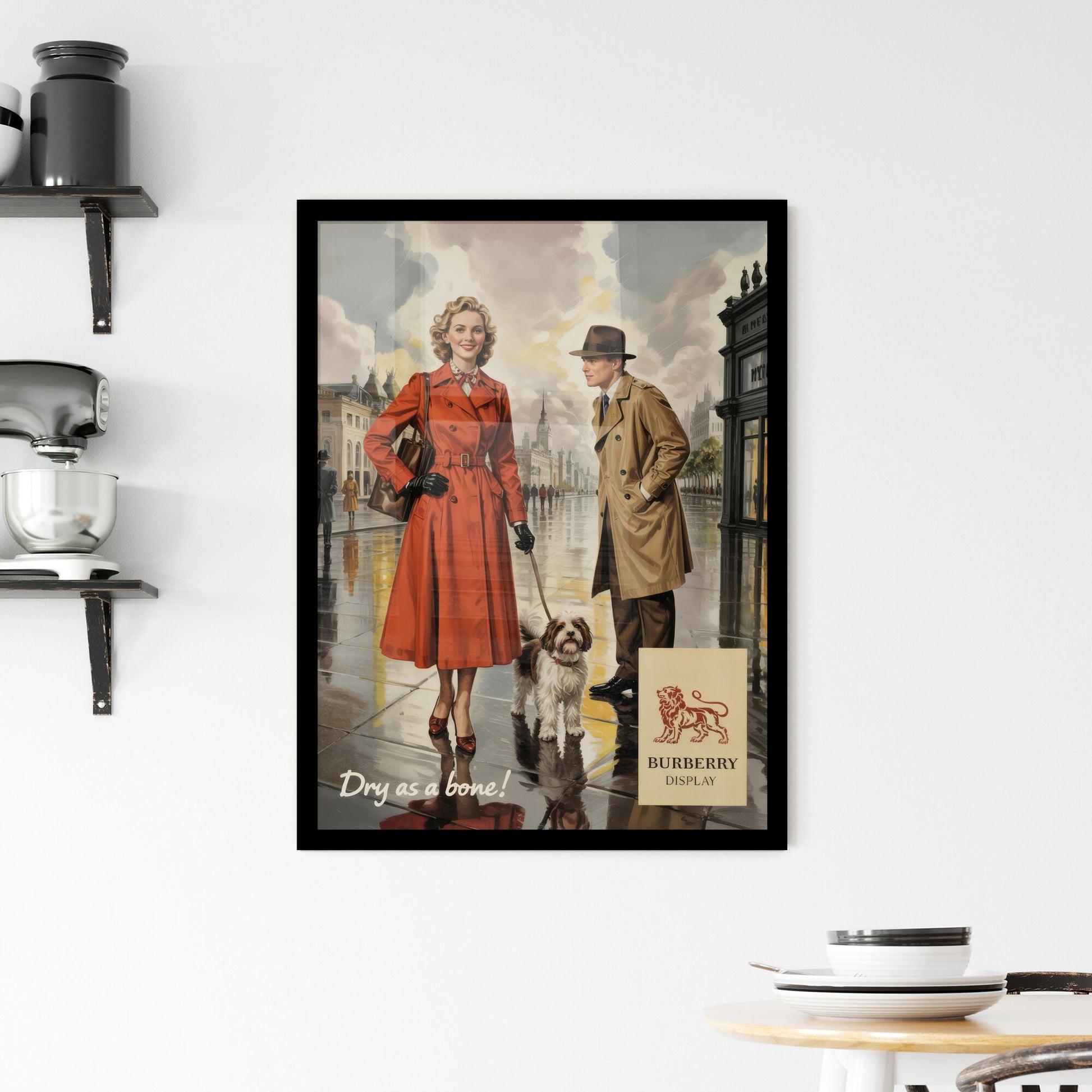 Charming Couple in Iconic Burberry Rainwear Enjoying a Stylish Walk with Their Dog on a Rainy Day. Framed Print