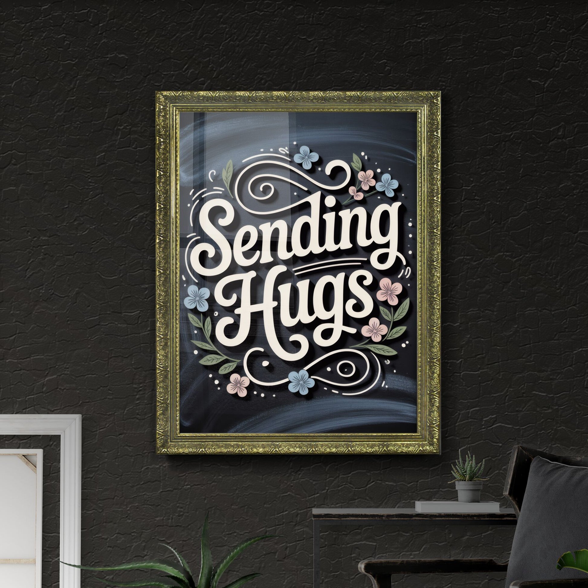 Charming Hand-Lettered Design: 'Sending Hugs' with Delicate Floral Elements on a Chalkboard Background