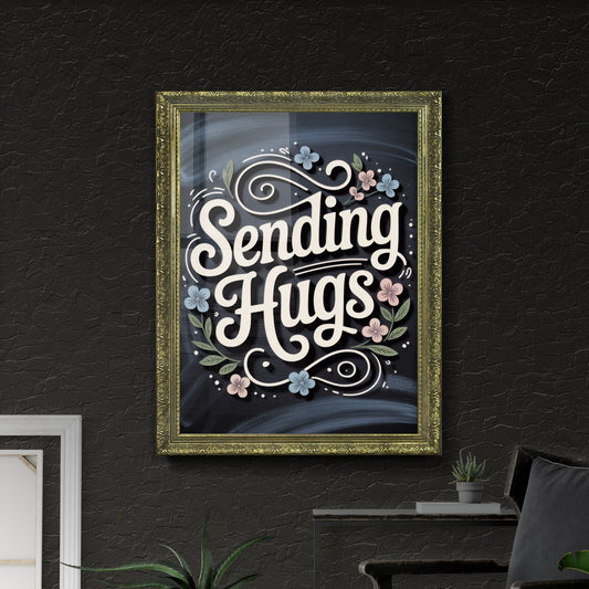 Charming Hand-Lettered Design: 'Sending Hugs' with Delicate Floral Elements on a Chalkboard Background