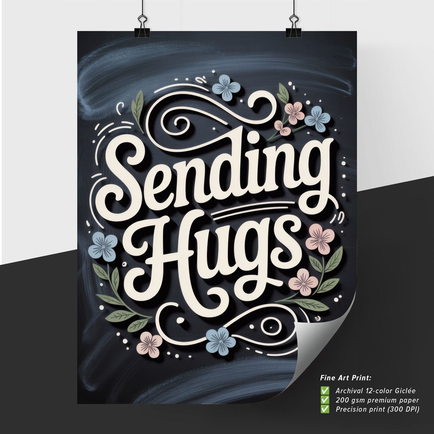 Charming Hand-Lettered Design: 'Sending Hugs' with Delicate Floral Elements on a Chalkboard Background