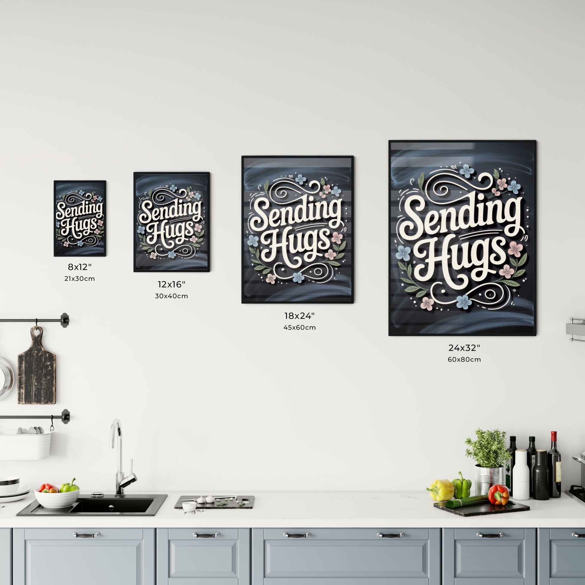Charming Hand-Lettered Design: 'Sending Hugs' with Delicate Floral Elements on a Chalkboard Background Chart