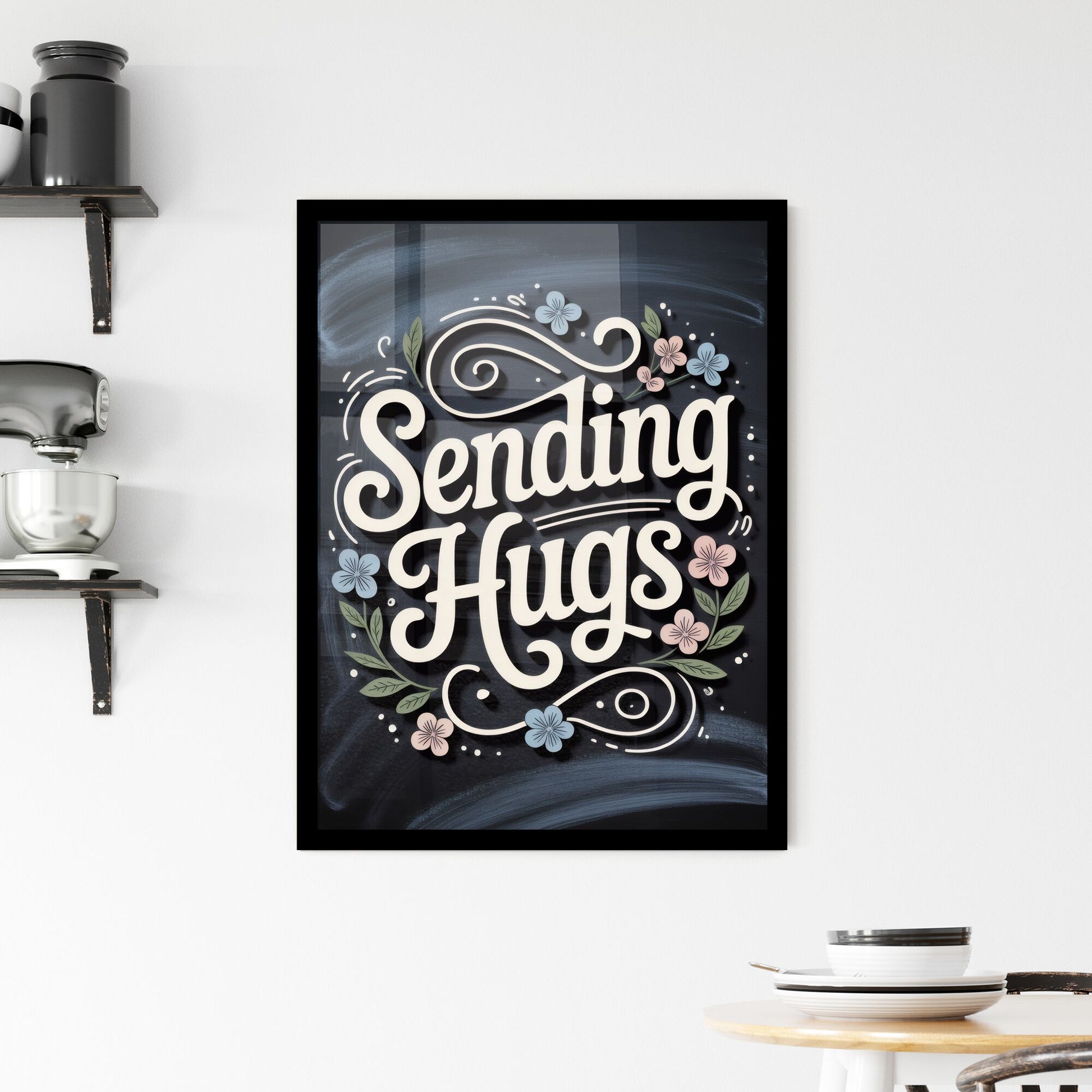 Charming Hand-Lettered Design: 'Sending Hugs' with Delicate Floral Elements on a Chalkboard Background Framed Print