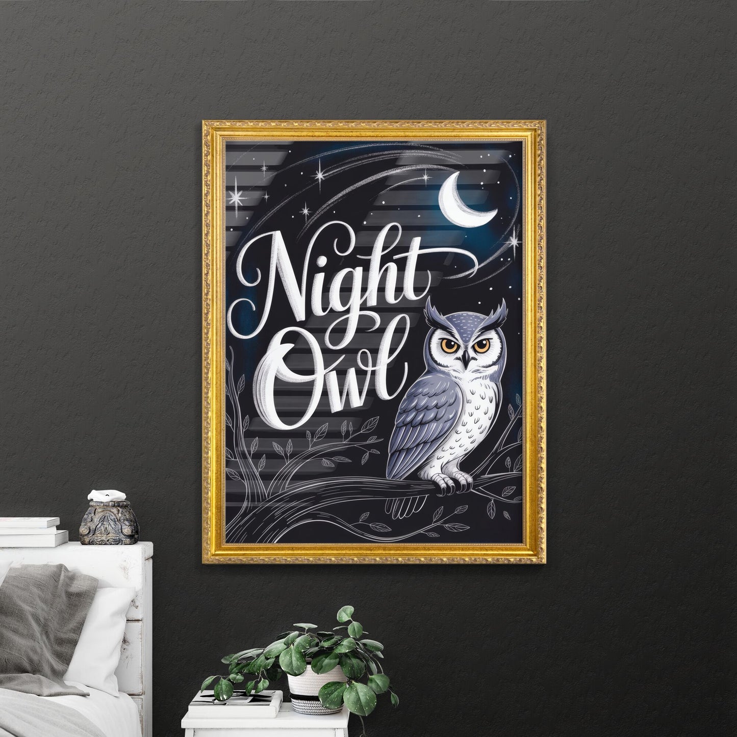 Charming Night Owl Illustration with Whimsical Typography and Starry Background, Perfect for Dreamers and Night Owls.