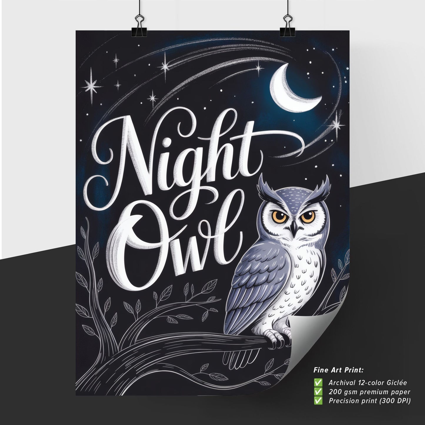 Charming Night Owl Illustration with Whimsical Typography and Starry Background, Perfect for Dreamers and Night Owls.