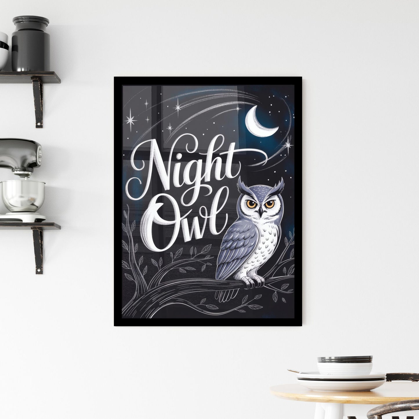 Charming Night Owl Illustration with Whimsical Typography and Starry Background, Perfect for Dreamers and Night Owls. Framed Print