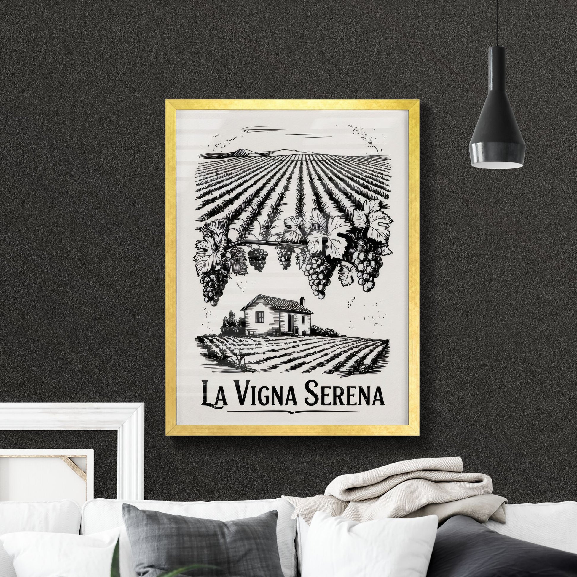 Charming Vineyard Landscape with Grapevines and Rustic House Illustration for Wine Branding.