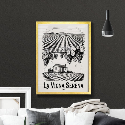 Charming Vineyard Landscape with Grapevines and Rustic House Illustration for Wine Branding.