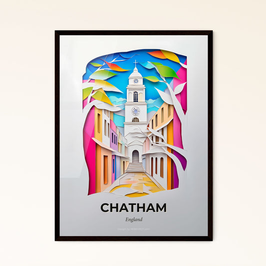 Vivid Chatham, England - a paper cut of a church tower with a clock