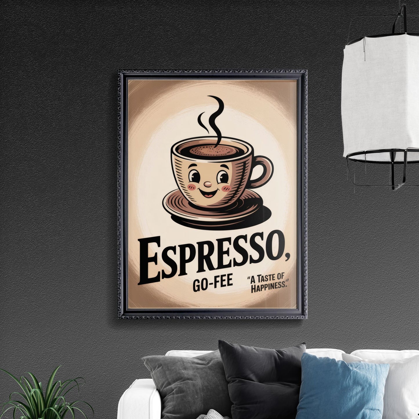 Cheerful Espresso Mug Illustration with Playful Smile, Capturing the Joy of Coffee Moments.