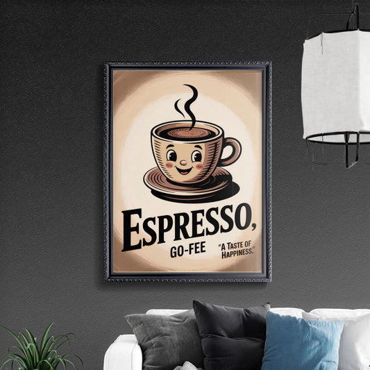 Cheerful Espresso Mug Illustration with Playful Smile, Capturing the Joy of Coffee Moments.