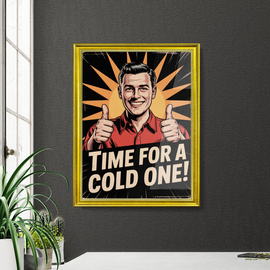 Cheerful Man Celebrating with Thumbs Up, Promoting Refreshing Drinks in a Vintage Style Poster.